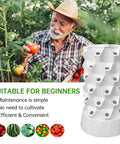 Dope 14 Layer Vertical Garden System Kit With 70 Slots, showcasing tower garden and farmer holding tomatoes in greenhouse.