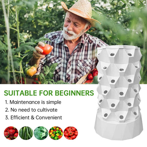 Dope 14 Layer Vertical Garden System Kit With 70 Slots, showcasing tower garden and farmer holding tomatoes in greenhouse.