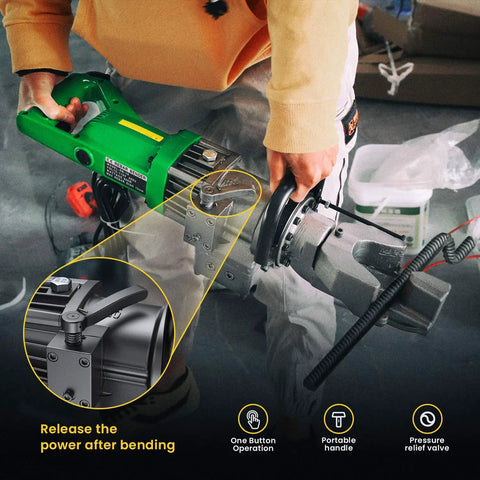 User operating a Heavy Duty 900W Electric Rebar Bender Machine With Pure Copper Motor, demonstrating one-button operation and portable handle.