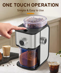 Ollygrin Flat Burr Coffee Grinder With Adjustable Grind Settings For Espresso French Press Capsule, compact electric bean mill in use.