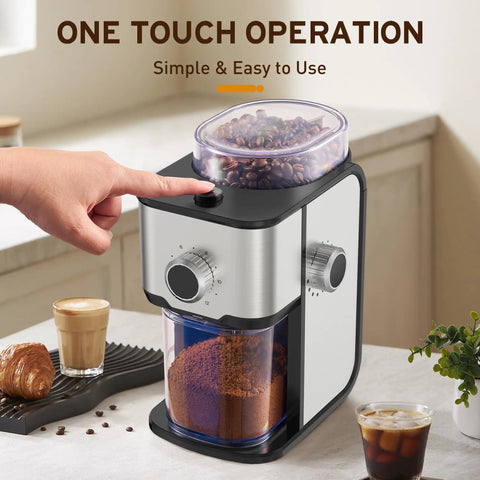 Ollygrin Flat Burr Coffee Grinder With Adjustable Grind Settings For Espresso French Press Capsule, compact electric bean mill in use.