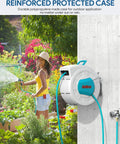 Retractable Garden Hose Reel With Wall Mount 100 Ft Half Inch Hose, 10 Pattern Nozzle, in use by woman watering garden