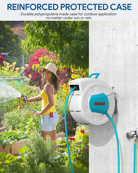 Retractable Garden Hose Reel With Wall Mount 100 Ft Half Inch Hose, 10 Pattern Nozzle, in use by woman watering garden