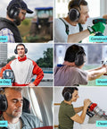 People using 35dB SNR Noise Cancelling Ear Muffs For Outdoor Work And Hunting in various settings like construction and shooting.