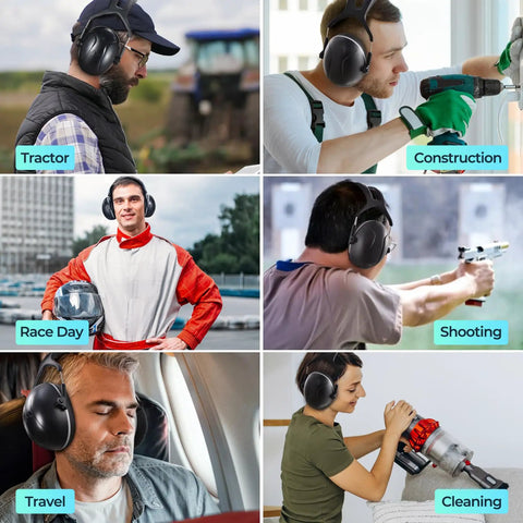 People using 35dB SNR Noise Cancelling Ear Muffs For Outdoor Work And Hunting in various settings like construction and shooting.