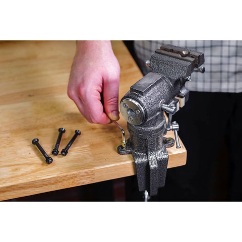 Portable Clamp-On Third Hand Vise With One And A Half Inch And Two And A Half Inch Jaws That Rotates And Swivels For Jewelry Making, Hobbies And Crafts Includes Soft Jaw Covers And Clamp Or Bolt-On Mount secured on table