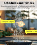 Outdoor Weatherproof Smart Plug 2 Pack Featuring Rock Solid 2.4ghz Wifi And Frictionless Alexa Google Assistant Voice Sync For A No Sweat Patio Automation Setup with water fountain and timer notifications.