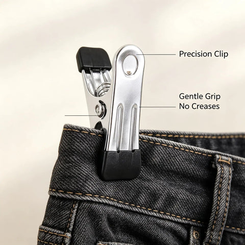 Slick Vertical Closet Organizer With Ten Heavy Duty Pant Clips For No Fuss Dorm And Apartment Storage Game Changing Hanging Setup For Jackets Pants And Delicates Tight Grip Design Wins, close-up of precision clip holding jeans.