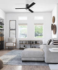 Living room with Espy Modern 52 Inch Ceiling Fan With Light And Remote Control, flush mounted, matte black, honey birch blades.