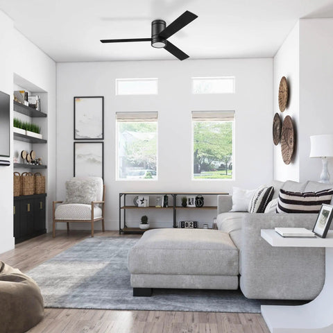 Living room with Espy Modern 52 Inch Ceiling Fan With Light And Remote Control, flush mounted, matte black, honey birch blades.