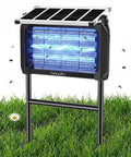 Outdoor Bug Zapper Powered By Solar And USB, 4000V Grid, 15W UV LED Fly Light attracting flies and moths in a garden setting.