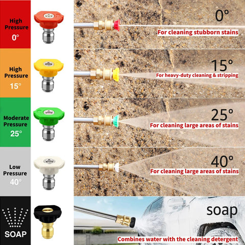 Front view of five pressure washer nozzle tips (0°, 15°, 25°, 40°, soap) with 1/4-in quick-connect; up to 4500 PSI, 2.5 GPM.