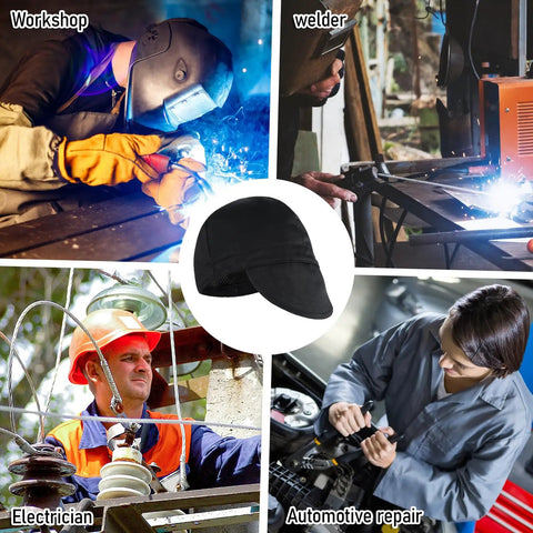 Reversible Welding Cap For Men And Women, Washable Fireproof Welders Hat shown with various tradesmen at work.