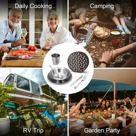 Stainless Steel Camping Mess Kit For 1 Person Portable Tableware Set shown with food, RV, camping, and garden party settings.