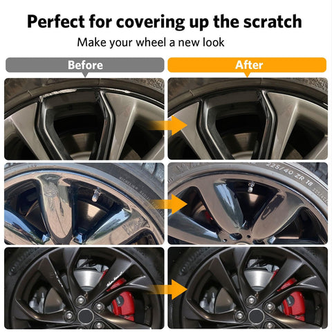 Before and after using Black Rim Touch Up Paint Kit For Wheels 2 In 1 Wheel Paint For Rims Scratch Repair Pen Set Curb Rash Fix