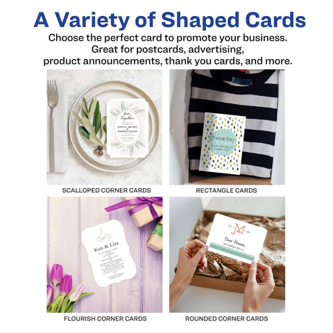 Avery printable postcards on glossy white; 4.25 x 5.5 in, 100 blank, shapes scalloped, rectangle, flourish, rounded.