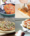 Pizza Stone Set For Oven And Grill 15 Inch Round Cordierite Stone With 14 By 16 Inch Pizza Peel Stainless Steel Spatula And Cutter Complete 4 Tool Kit For Crispy Crust Bread And BBQ in use making pizzas and cutting bread