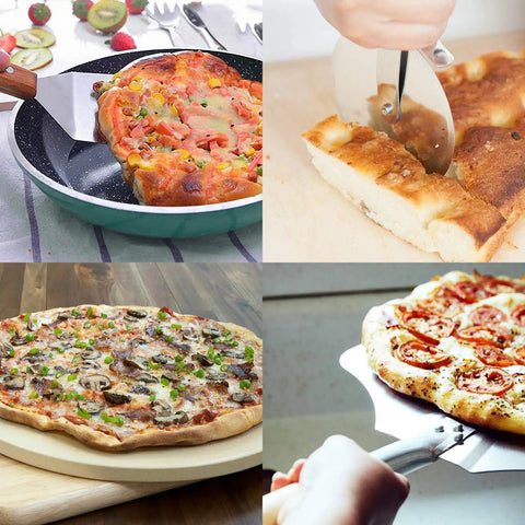 Pizza Stone Set For Oven And Grill 15 Inch Round Cordierite Stone With 14 By 16 Inch Pizza Peel Stainless Steel Spatula And Cutter Complete 4 Tool Kit For Crispy Crust Bread And BBQ in use making pizzas and cutting bread