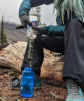 No Sweat Premium Grade Personal Water Filter Straw Camo 6 Pack Portable Purification Tube in use with blue water bottle outdoors.