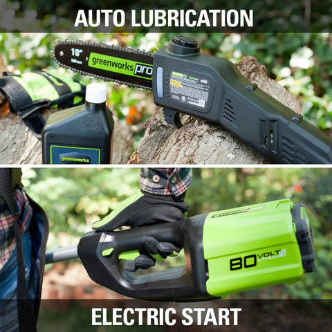 80V 10 Inch Cordless Polesaw for Pruning and Trimming Branches with Brushless Motor, auto lubrication and electric start feature