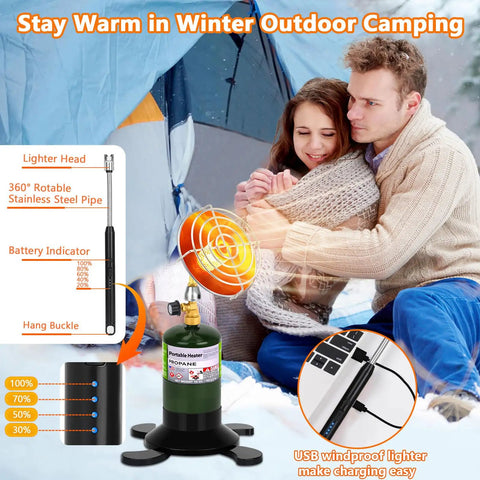 Portable Propane Heater For Camping And Outdoors With Cordless Control Valve Space Patio Heater Foldable Tank Holder Tent Heater For Winter Camping Hiking Ice Fishing And Hunting On The Go shown in use inside a winter tent with couple