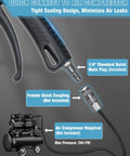 Close-up of Heavy Duty Air Blow Gun With Long Nozzle Pumps Out Serious Compressor Air To Blast Away Stubborn Shop Dust showing quick connect fitting.