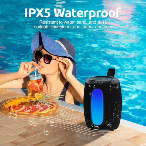 Portable Bluetooth Speaker With Loud Stereo Sound And Beastly Bass, IPX5 Waterproof, beside pool with woman, outdoor use