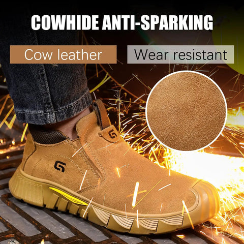 Welding Work Boots For Men Brown Mid Cut Steel Toe Slip On Safety Boots For Welders Built Tough For Construction And Industrial Jobs Indestructible Protection ASTM Certified Footwear with cow leather and wear resistant features.