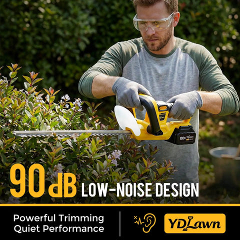 Person using Cordless 20V Hedge Trimmer With 22 Inch Blade, 2x4.0Ah Batteries And Fast Charger on shrubs, low-noise design