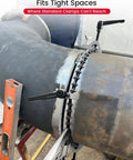Pro Grade Adjustable Pipe Alignment Chain Pliers And Tough As Nails Clamp For Up To 14 Inch Round Pipes securing a pipe in a tight space.