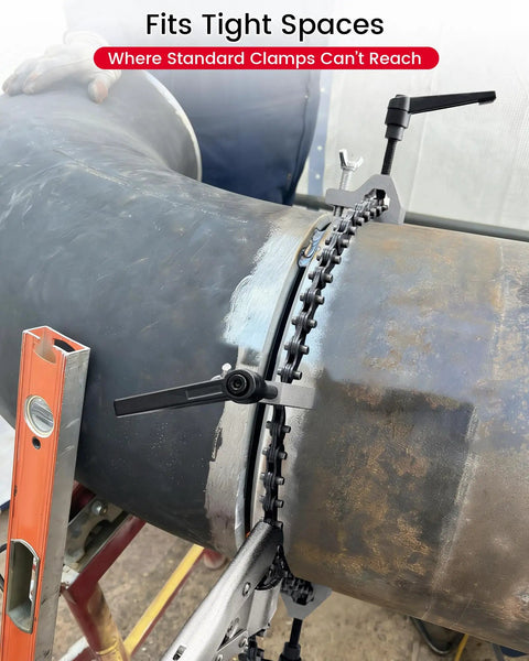Pro Grade Adjustable Pipe Alignment Chain Pliers And Tough As Nails Clamp For Up To 14 Inch Round Pipes securing a pipe in a tight space.