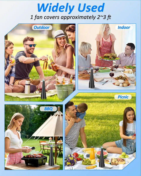 USB Powered Fly Fans For Tables With LED Light in various settings; outdoor picnic, indoor dining, and BBQ use, 4 pack