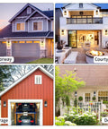 Four images showing Dusk to Dawn Outdoor Wall Lights With Water Ripple Glass Waterproof Lanterns For Porch Front Door Patio Or Garage.