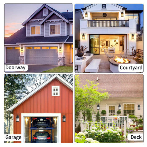 Four images showing Dusk to Dawn Outdoor Wall Lights With Water Ripple Glass Waterproof Lanterns For Porch Front Door Patio Or Garage.