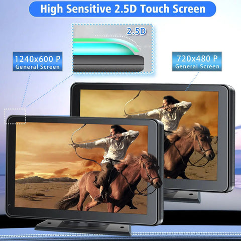 Wireless CarPlay And Android Auto Receiver with 7-inch HD touch screen showing high sensitivity display.