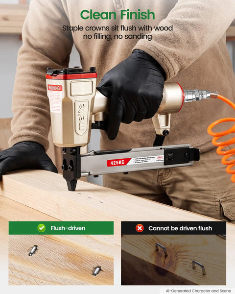 Person using pneumatic staple gun on wood with Built Tough No Fuss Heavy Duty Galvanized Narrow Crown Staples 18 Gauge.