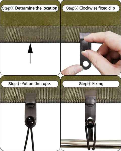 Step-by-step use of Heavy Duty Tarp Clips 20 Pack With Lock Grip For Secure Tarpaulin Setup showing instructions and application.