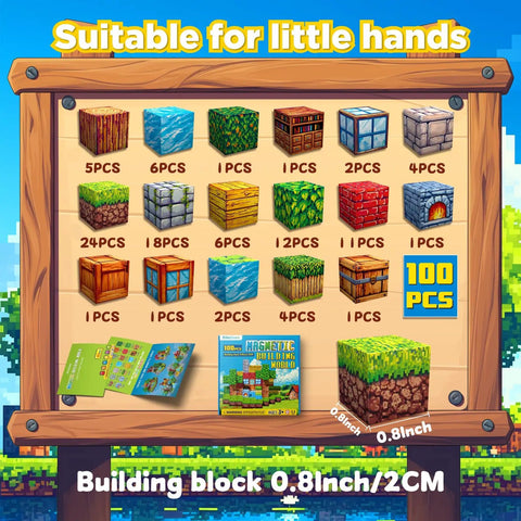 Magnetic Blocks Kit For Kids 100 Piece STEM Montessori Building Tiles Set with 17 block types displayed on a chart