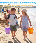 Children playing on the beach carrying Three Pack Collapsible Beach Buckets For Kids And Toddlers, Foldable Sand Toys in purple and yellow.