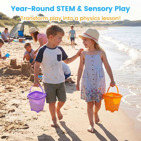 Children playing on the beach carrying Three Pack Collapsible Beach Buckets For Kids And Toddlers, Foldable Sand Toys in purple and yellow.