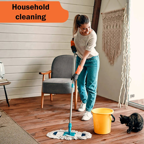 Woman mopping wooden floor with Heavy Duty Chemical Gloves Set Of 2 Pairs With Waterproof Latex Anti Slip Grip, bucket nearby