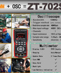 2 In 1 Oscilloscope Multimeter With 2.8 Inch IPS Display 9999 Counts 10MHz Bandwidth 48MSa Per Sec Real Time Sampling Input Range Up To 400V Ohm Volt Tester Auto Normal Single Trigger Dual Mode For DIY Electronics shown with ZT-702S features.