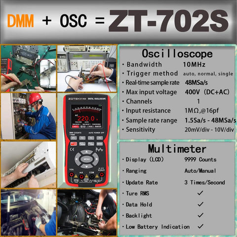 2 In 1 Oscilloscope Multimeter With 2.8 Inch IPS Display 9999 Counts 10MHz Bandwidth 48MSa Per Sec Real Time Sampling Input Range Up To 400V Ohm Volt Tester Auto Normal Single Trigger Dual Mode For DIY Electronics shown with ZT-702S features.