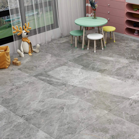 32 Pack Peel And Stick Floor Tiles In Gray Marble Look Vinyl 12x12 Inch Waterproof Flooring For Kitchen Bedroom Bathroom Living Areas Easy Install And Removable For Quick DIY Renovation in a child's playroom.