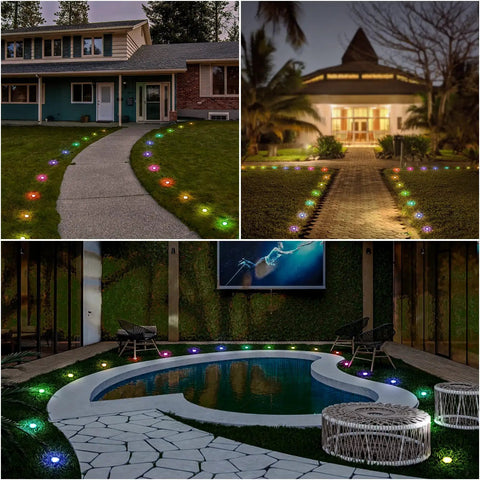 RGB Pathway Lights 42 Ft With USB Charging Waterproof Yard Garden Walkway Lights illuminate a path by a pool at night