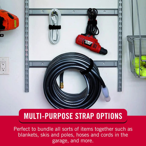 Garage wall with 30 Inch Elastic Straps Four Pack holding hoses and tools, ideal for yoga mats, tarps, umbrellas, wood poles.