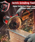 Rivlox cordless 3-inch angle grinder with red/black body and wheel guard, side view cutting metal.