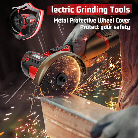 Rivlox cordless 3-inch angle grinder with red/black body and wheel guard, side view cutting metal.