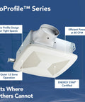LoProfile 4 Inch Bathroom Ventilation Fan With ENERGY STAR Certification 80 CFM Ultra Quiet 1.0 Sones White Exhaust Fan