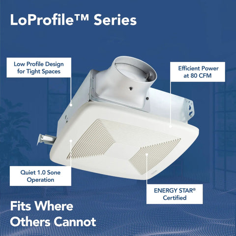 LoProfile 4 Inch Bathroom Ventilation Fan With ENERGY STAR Certification 80 CFM Ultra Quiet 1.0 Sones White Exhaust Fan